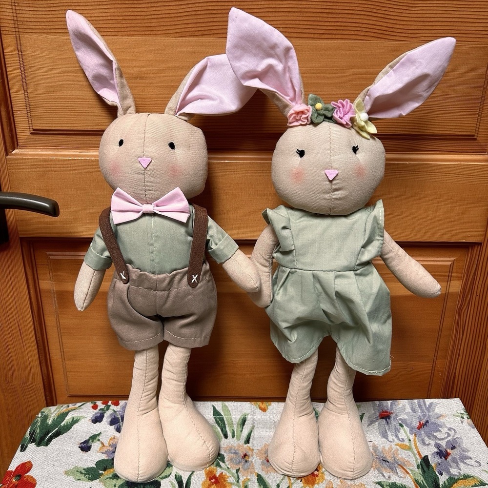 Bunny Rabbit Boy Girl Couple Standing Door Porch Greeters Spring Easter Nursery